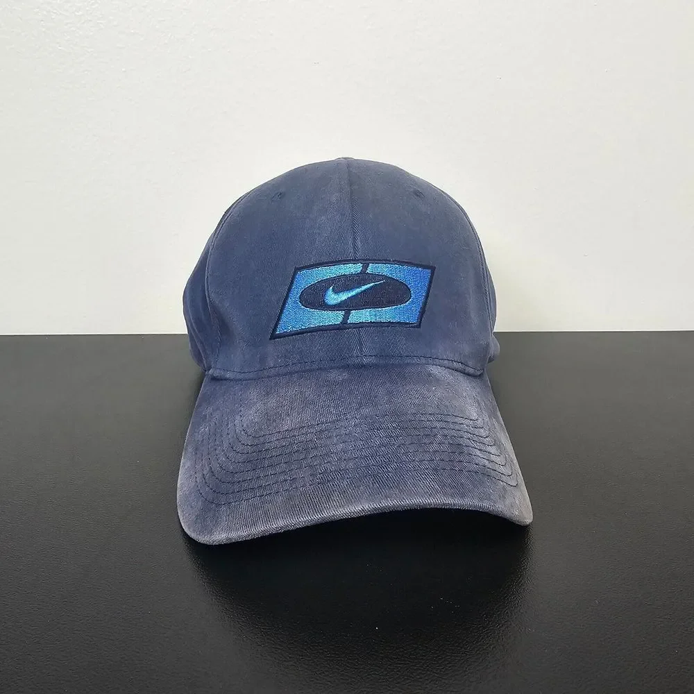 VINTAGE Nike Hat Cap Mens One Size Blue‎ Swoosh Spellout Logo Distressed Y2K